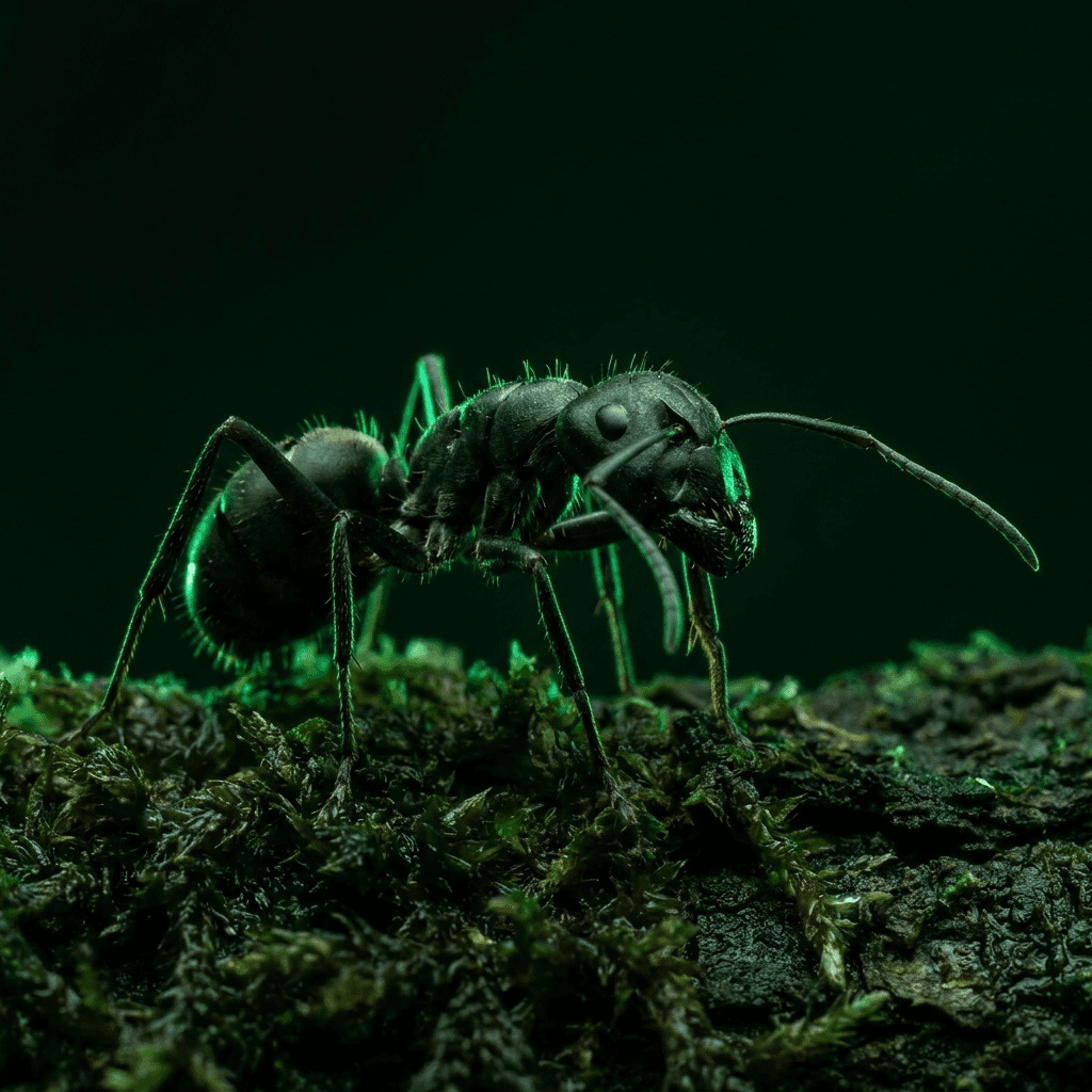 Gros plan macro d'une fourmi charpentière sous éclairage vert